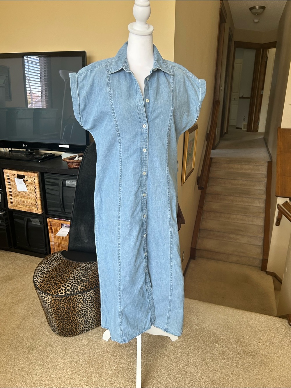 Light Wash Denim Button down Cap Sleeve Maxi Dress
